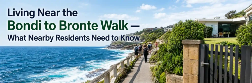 Coastal walking path along the Bondi to Bronte Walk beside residential homes, gardens, and a secure front boundary gate in Sydney.