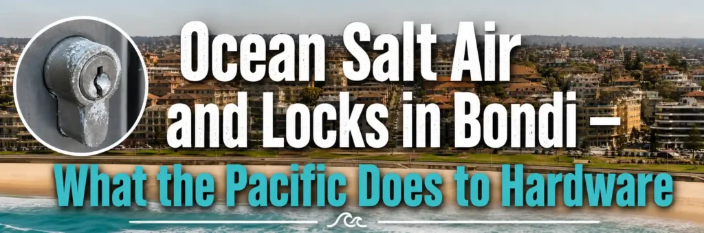 Salt corrosion on an external door lock cylinder in Bondi caused by Pacific Ocean salt air, with Bondi Beach and coastal residential buildings in the background.
