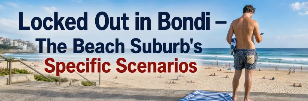 Man checking his phone while standing on Bondi Beach after being locked out, illustrating common beachside locksmith scenarios.